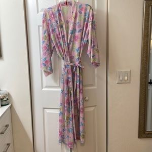 Josie Natori long robe and capri pants. Polyester with ribbon detail.